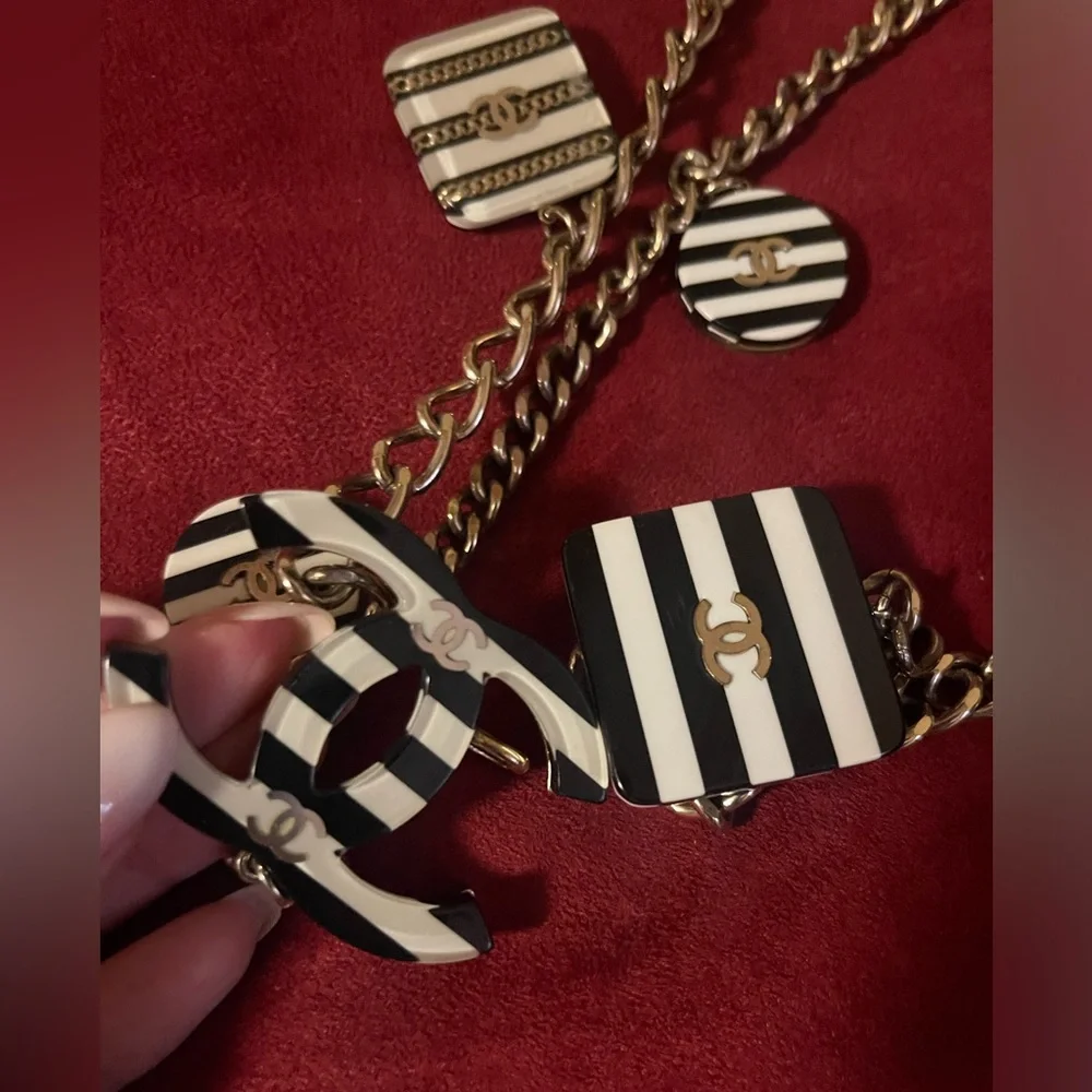 CHANEL Gold Chain Belt with Black and White Striped Enamel Charms